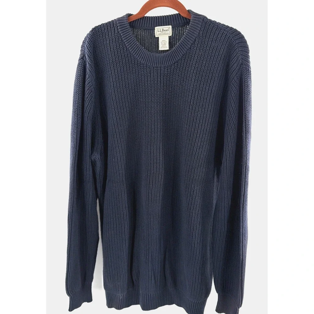 L.L. Bean Ribbed Sweater Men's XL Tall Blue Heavy Knit Cotton Crew Neck Retro